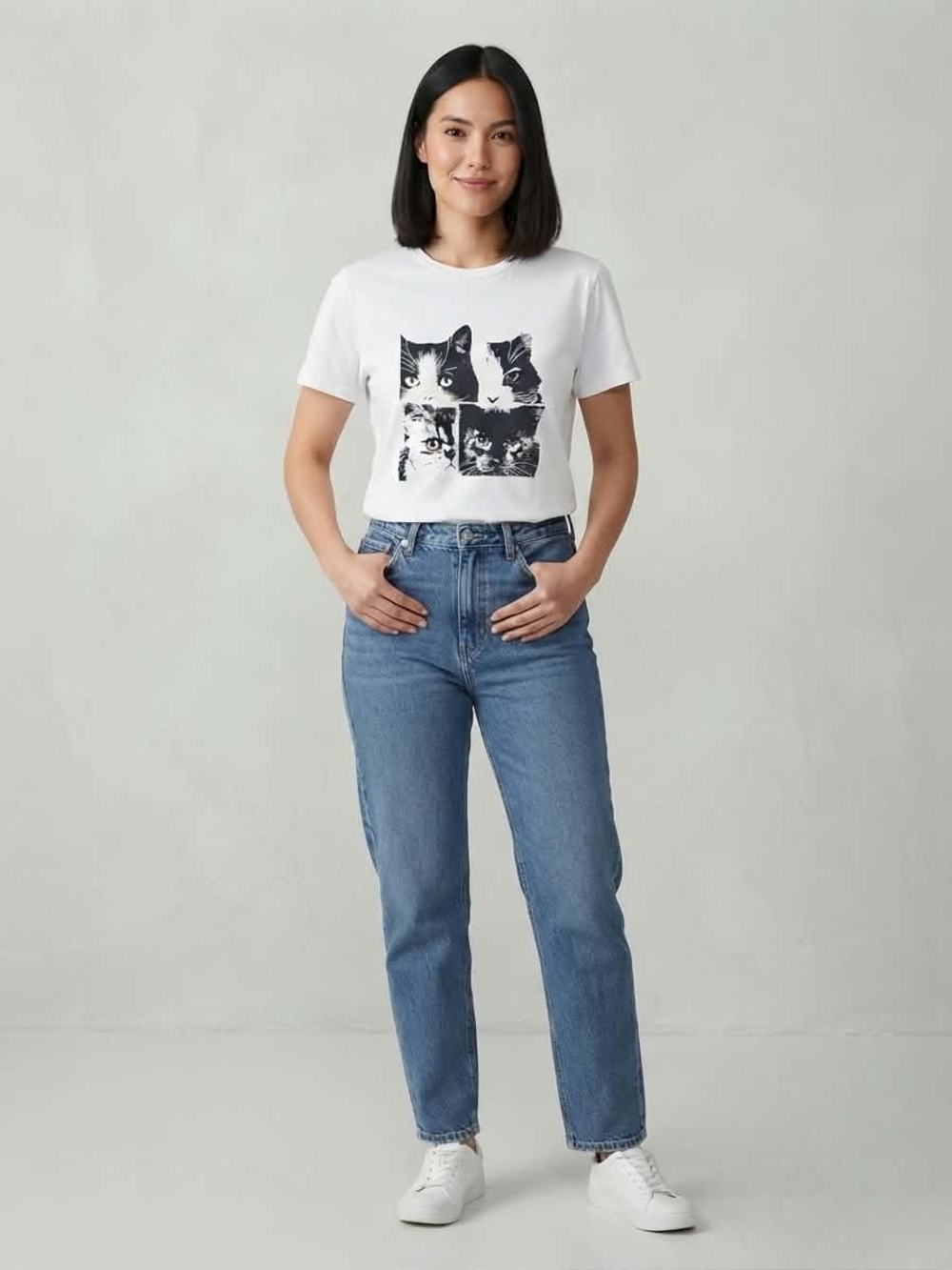 Cute Cat Faces Graphic T-Shirt White Short Sleeve Tee Size M